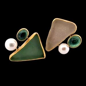 Vintage Betsy Fuller 18Kt-22Kt-24Kt Sea Glass, Tourmaline & Pearl Earrings 19.7g
